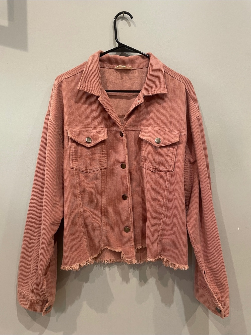 Dark pink corduroy button front shirt long sleeve ripped hem